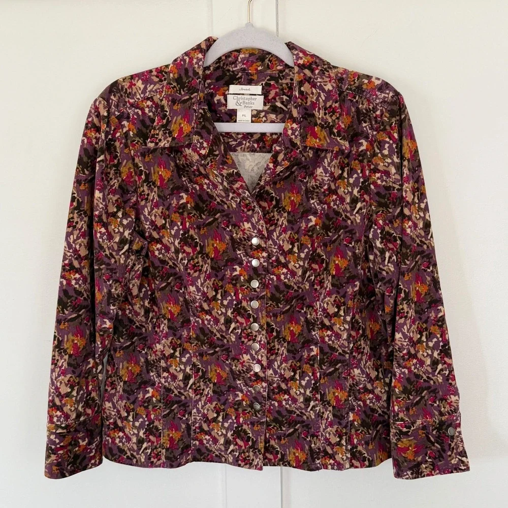 VTG Christopher & Banks Blazer Corduroy Floral Snap Front Purple Petite Large